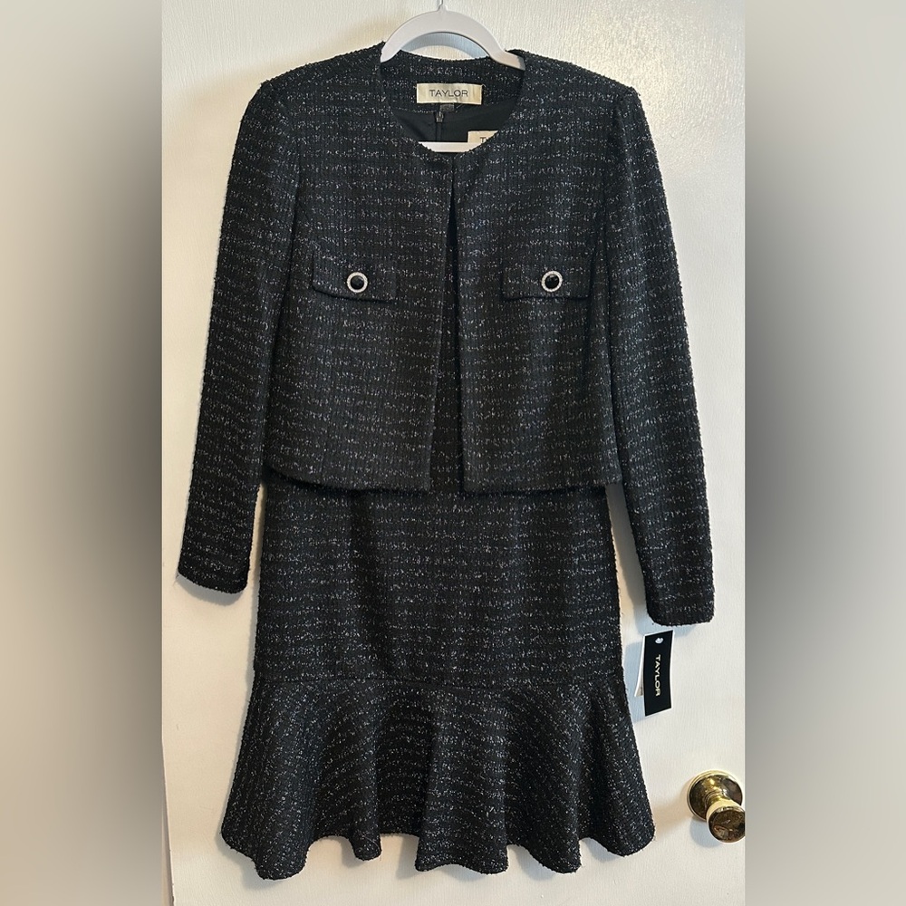 Taylor Women’s Size 8 Suit Dress and Jacket Black with Silver Threading NWT